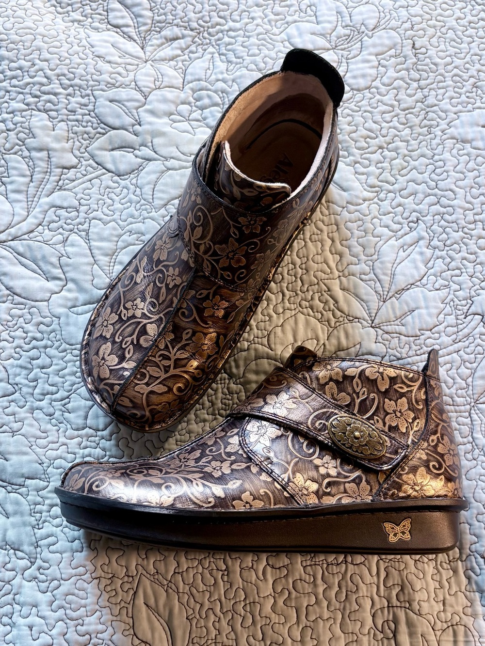 💥Alegria Caiti Ankle Boots Bronze Floral Leather Comfort Booties EU 42 12-12.5🧡
